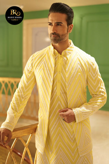 Yellow Resham Embroidered Kurta Set with Jacket.
