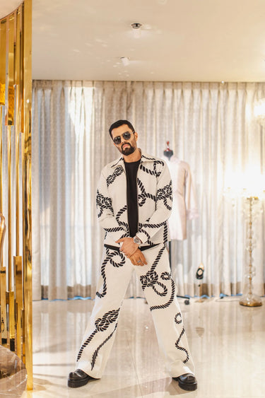 Ivory & Black Rope Print Co-ord Set Worn by Maniesh Paul - Bharat Reshma