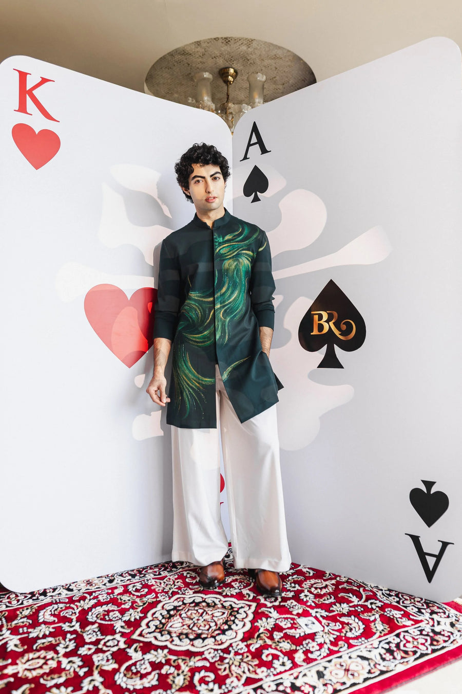 Emerald Canvas Kurta – Green Front-Open with Hand-Painted Embroidery