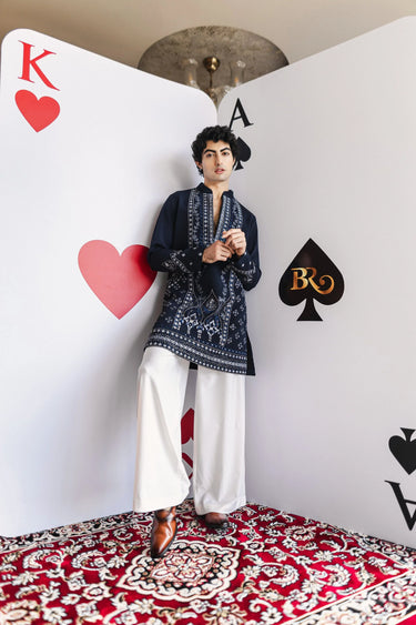 Midnight Elegance Kurta Set – Navy Kurta with Silver Embroidery & White Palazzo - Bharat Reshma