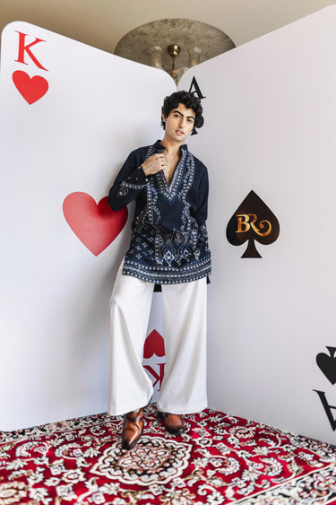 Midnight Elegance Kurta Set – Navy Kurta with Silver Embroidery & White Palazzo - Bharat Reshma