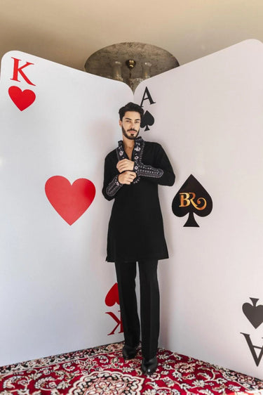 Twilight Paisley Kurta Set – Black with Purple Embroidery - Bharat Reshma