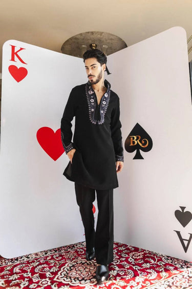 Twilight Paisley Kurta Set – Black with Purple Embroidery - Bharat Reshma