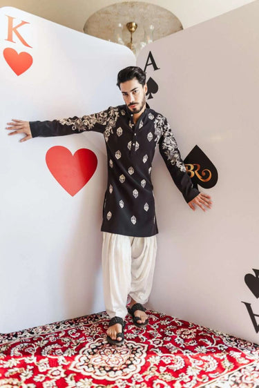Ashen Motifs Kurta Set – Dark Grey with Ivory Dhoti - Bharat Reshma