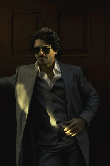 Taaha Shah in Dark Grey Stripe 3-Piece Suit