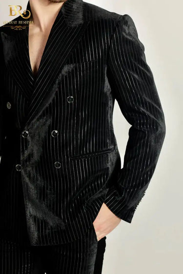 Black double-breasted tux with subtle silver stripes