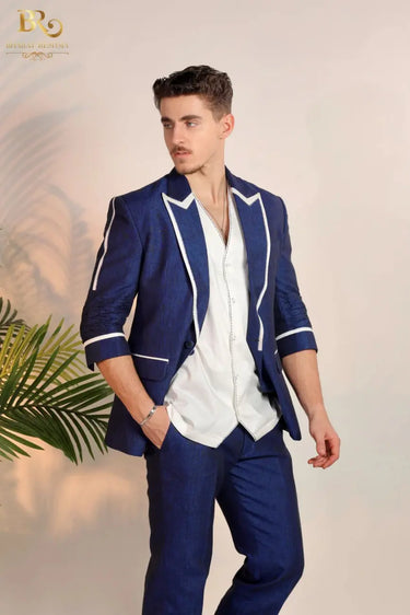 Blue Linen Blazer with White Piping Work
