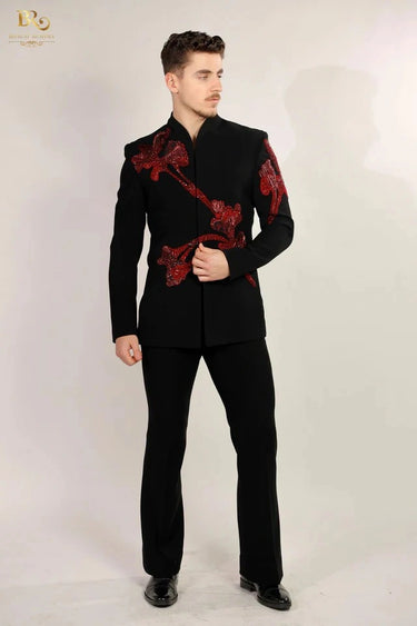 Black Resham & Cutdana Embroidered Bandhgala Suit