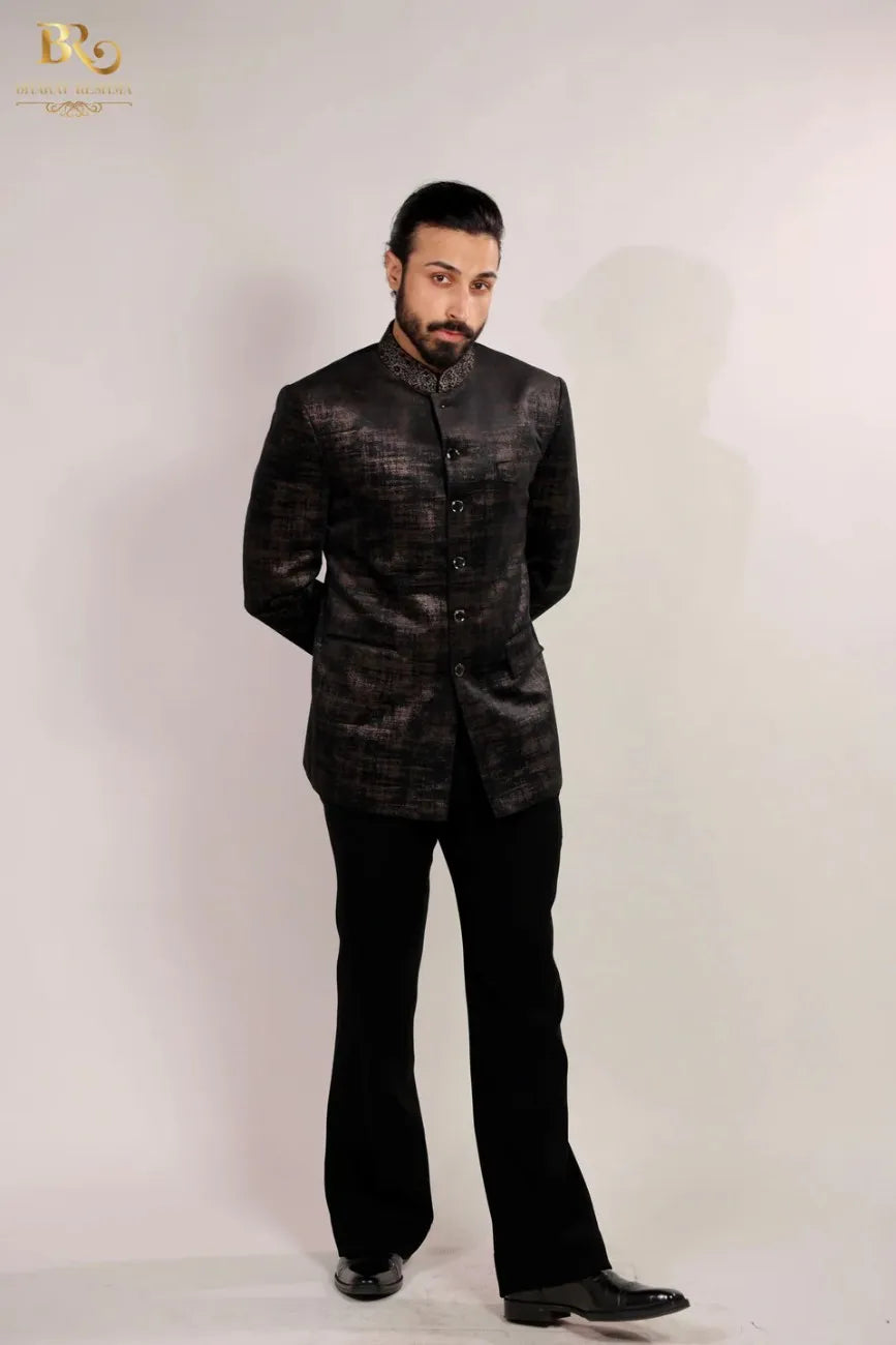 Men's Self Work Black Bandhgala Suit