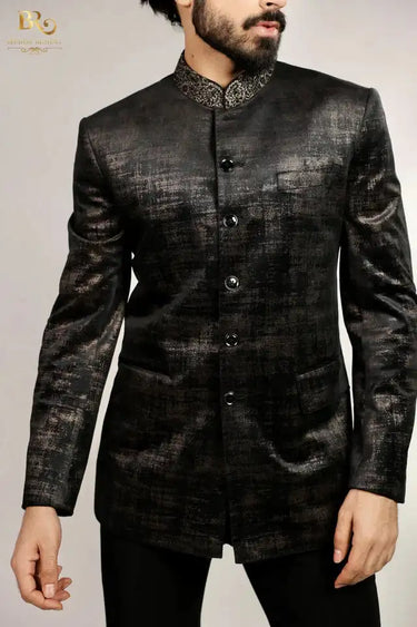 Men's Self Work Black Bandhgala Suit