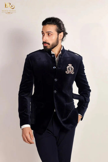 Blue Resham Embroidered Bandgala Suit in Velvet Fabric