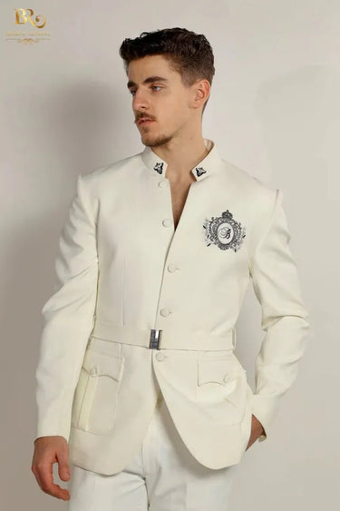 Designer Bandhgala Suit in Ivory - Slim Fit