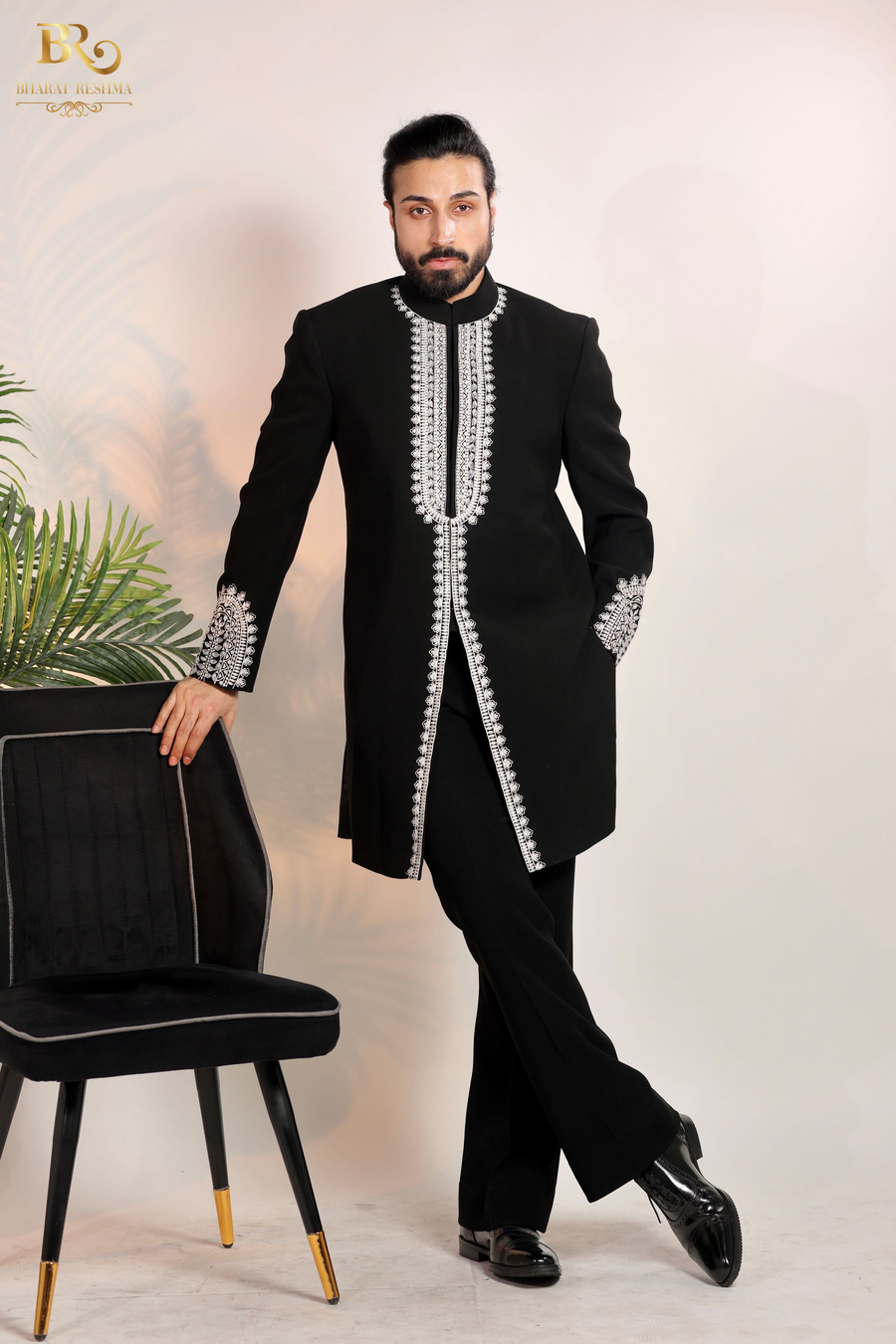 Black Embroidered Indo-Western Set with Stole & Pant
