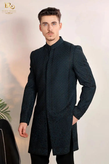 Blue Jacquard Indo Western Set for Men