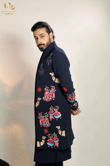Blue Floral Jaal Pattern Open Jacket Trouser Set