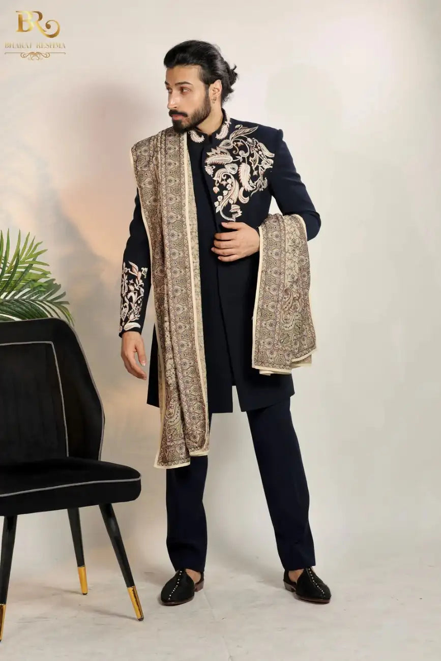 Blue Embroidered Thread and Pearl Indo-western set