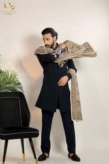 Blue Embroidered Thread and Pearl Indo-western set