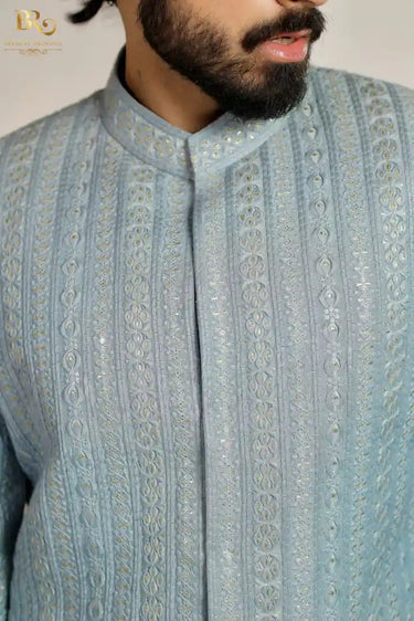 Blue Raw Silk Embroidery Thread indo-western & Pant Set