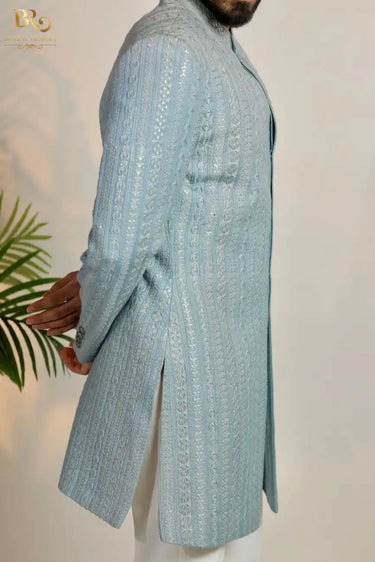 Blue Raw Silk Embroidery Thread indo-western & Pant Set