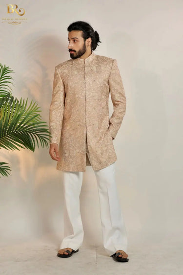 Beige Raw Silk Embroidered Floral Work Indowestern Set