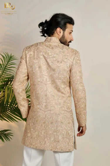Beige Raw Silk Embroidered Floral Work Indowestern Set