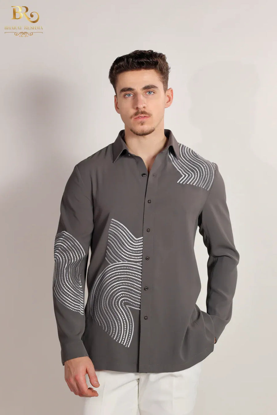 Gray Embroidered Resham Work Shirt