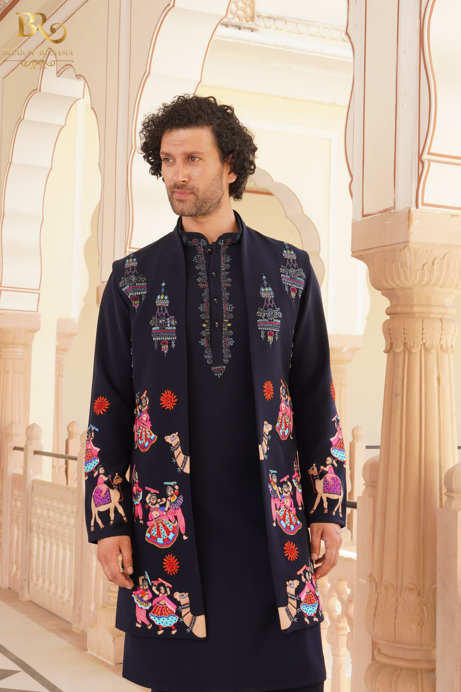 Blue Floral Jaal Pattern Open Jacket Trouser Set