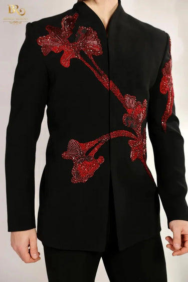 Black Resham & Cutdana Embroidered Bandhgala Suit