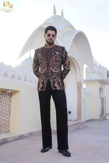 Black Embroidered Italian Bandhgala Suit
