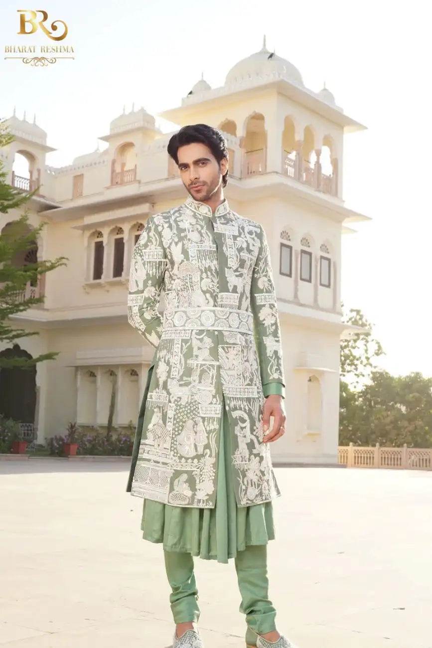 Light Green Silk Embroidered silver Dori Sherwani Set
