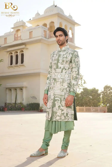 Light Green Silk Embroidered silver Dori Sherwani Set
