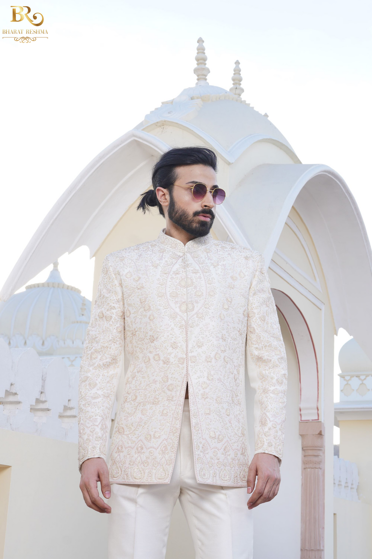 Ivory Jodhpuri Suit with floral thread embellishment