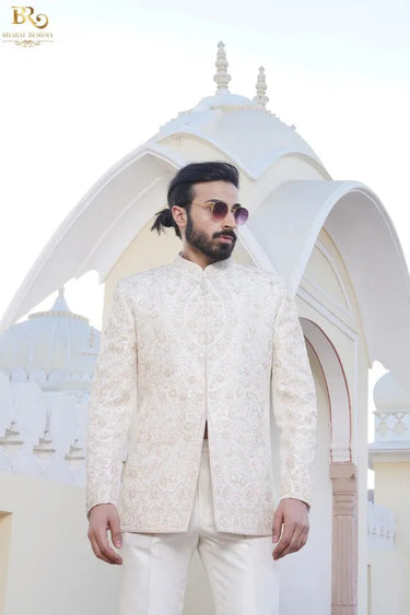 Ivory Jodhpuri Suit with floral thread embellishment