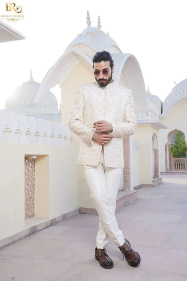 Ivory Jodhpuri Suit with floral thread embellishment