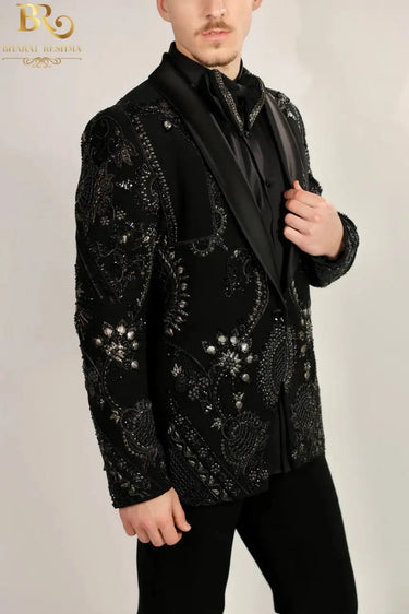 Black Magna Hand Embroidered Tuxedo Set