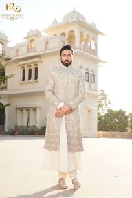 Beige Resham Embroidered Raw Silk Wedding Sherwani