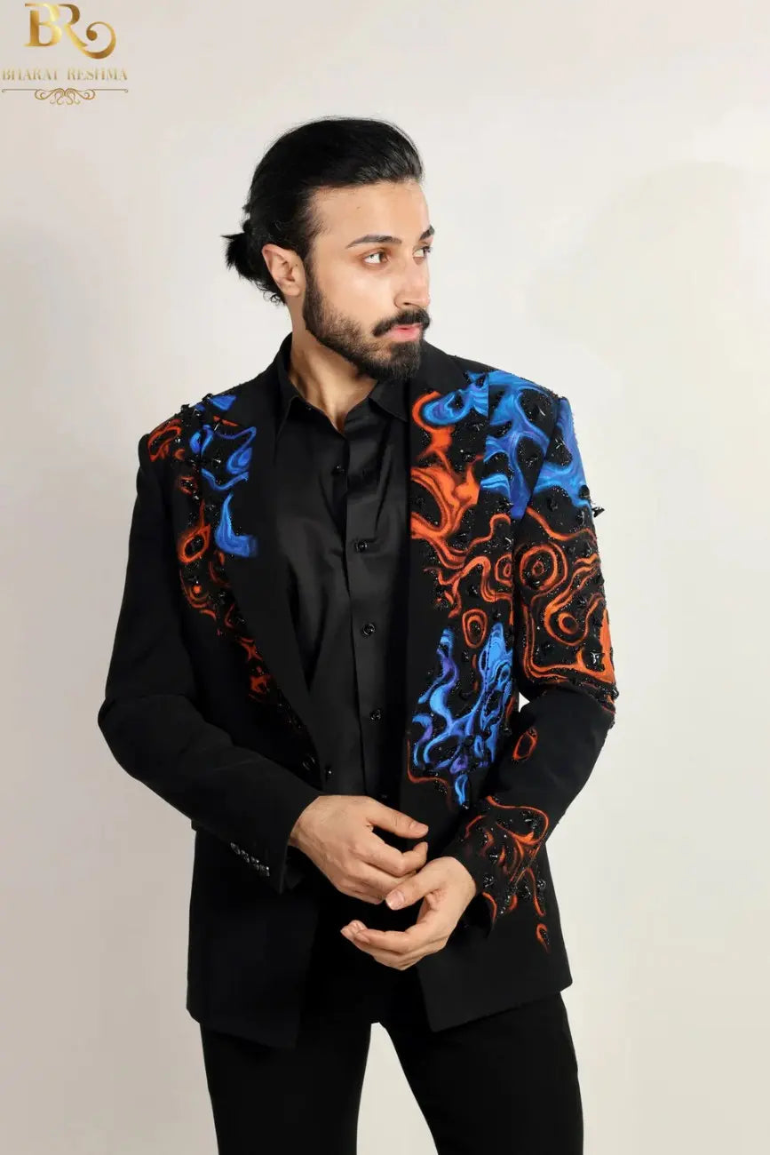 Hand-Painted Black Blazer Set with Hand Embroidery