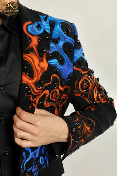 Hand-Painted Black Blazer Set with Hand Embroidery