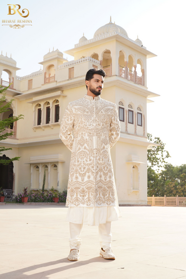 Ivory Raw Silk Hand Embroidered Sherwani Set