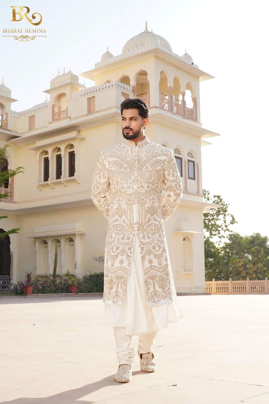 Ivory Raw Silk Hand Embroidered Sherwani Set