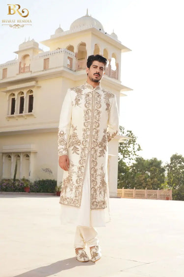 Ivory Silk Hand Embroidered Sherwani Set