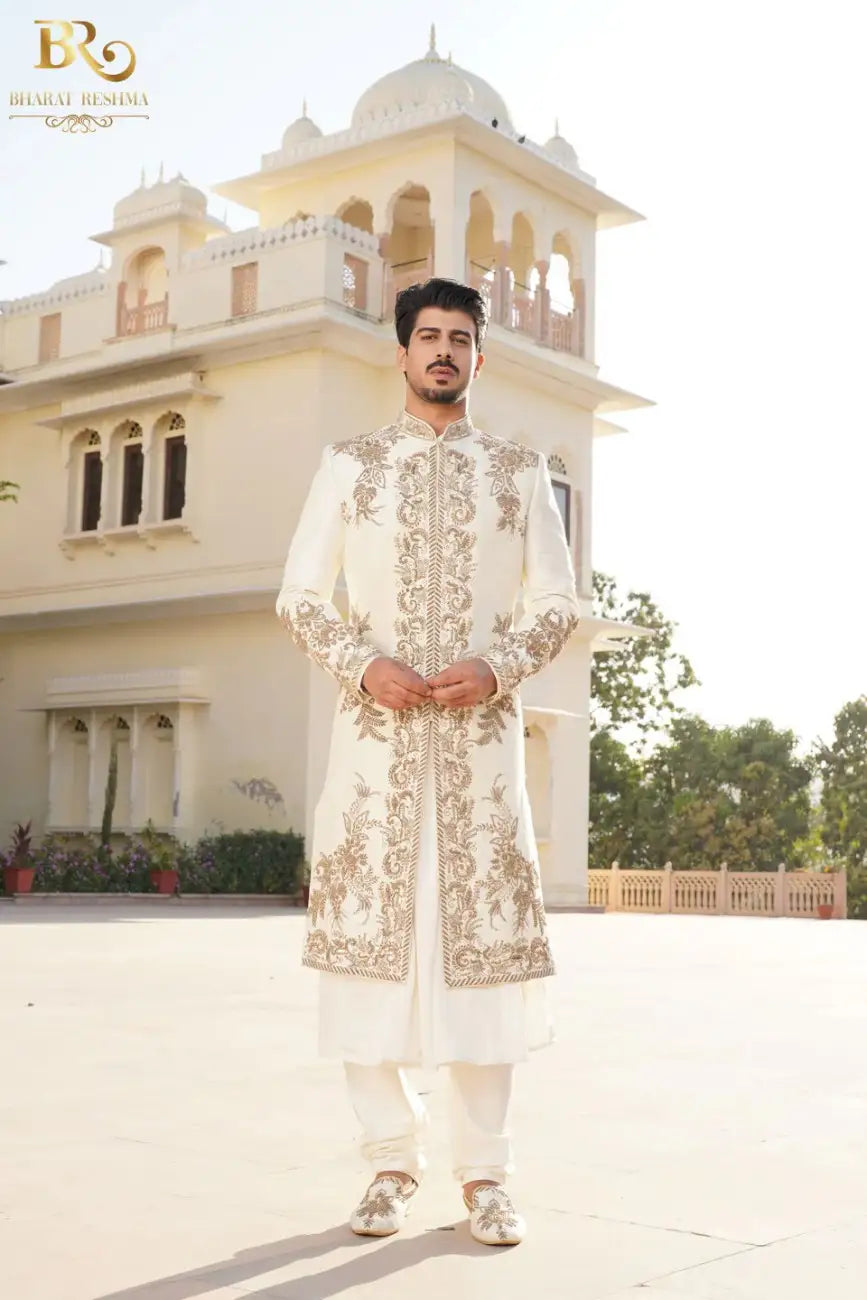 Ivory Silk Hand Embroidered Sherwani Set