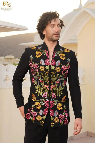 Multi color thread Embroided Black Bandhgala Suit