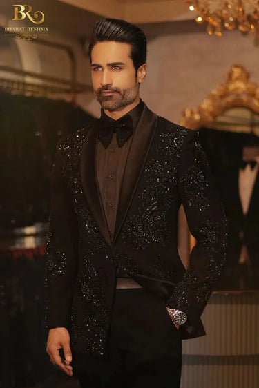 Designer Black Embroidered Tuxedo Suit