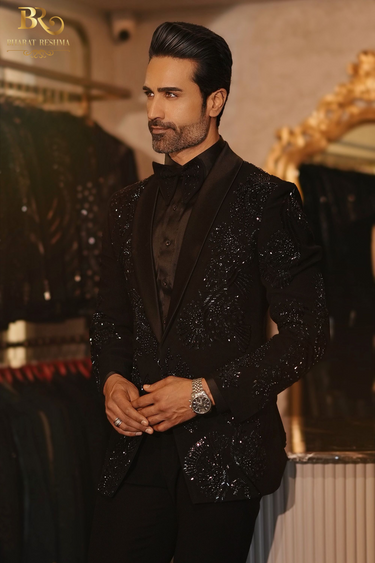 Black Resham Embroidered Geometric Long Nehru Jacket
