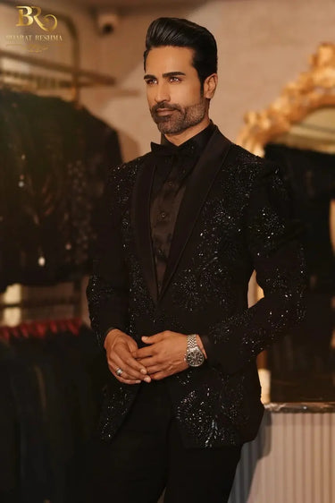 Designer Black Embroidered Tuxedo Suit