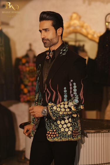 Black tuxedo with floral thread embellishment