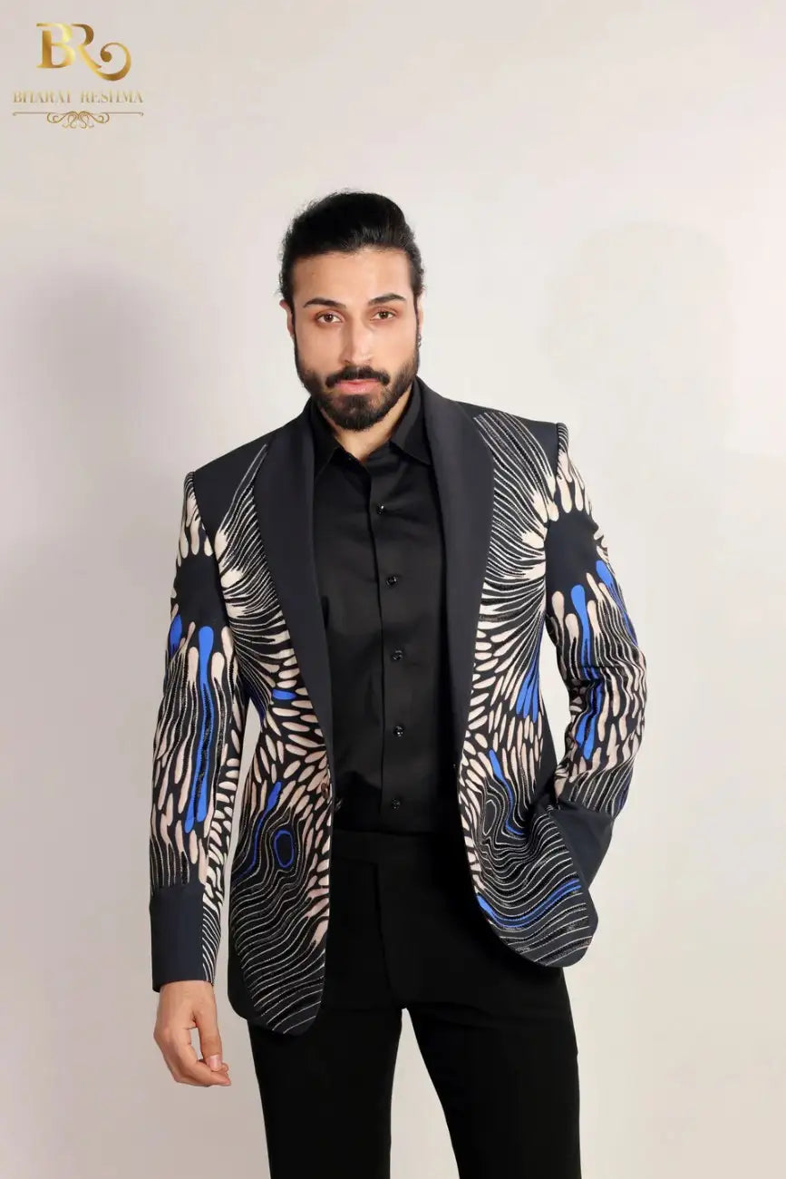 Men's Black Abstract Printed Blazer