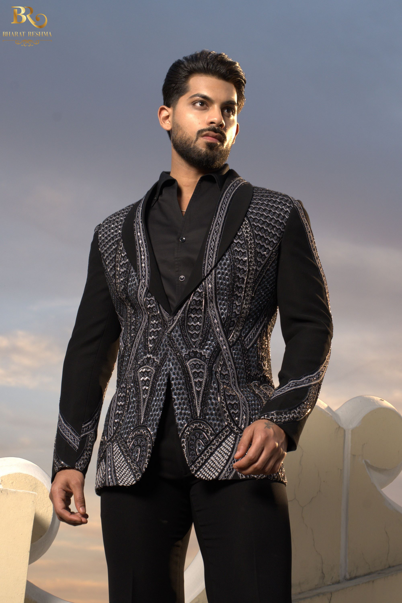 Black tuxedo with Golden Zari embellishments