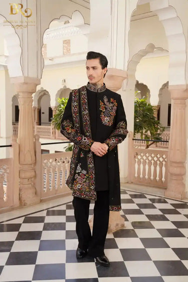 Black Embroidered Indo-western with Stole set